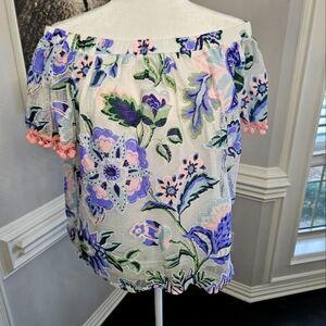 Entro NWOT Pink, Ivory & Lavender Floral Off Shoulder Top with Pom Poms